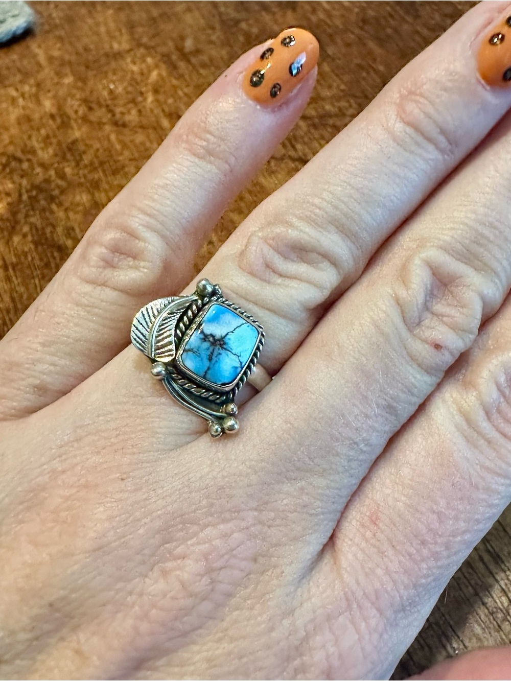 Solid Sterling Silver, Golden Hills Turquoise, Leaf Accent Ring